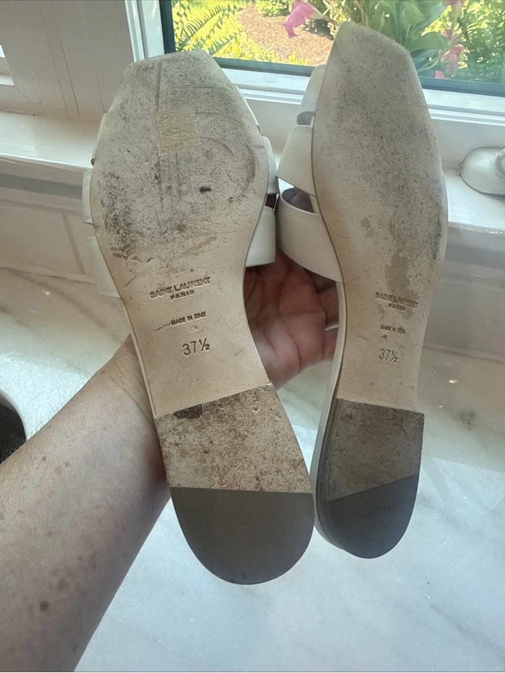 Saint Laurent YSL Tribute Sandal Flat Mules White Slides Smooth Leather 37.5 - Picture 9 of 11